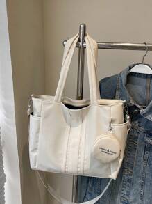 New Casual Solid & Striped Pattern Multi Pocket Shoulder Tote Bag, Suitable For Commuting, Shopping, School, Includes Coin Purse, Women