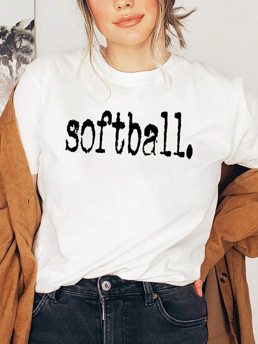 Softball   Graphic Print T-Shirt, Short Sleeve Round Neck Casual Women's Top For Summer And Spring, Women's Clothing - trắng - Xem 1