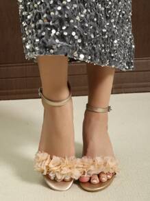 Women's Elegant Handmade Ruffle Decor Closed Toe Chunky High Heel Sandals - Khaki - View 5