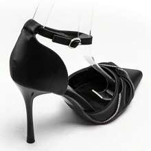 Peep Toe High Heel Shoes With Ankle Strap And Ruffle Details, Embellished With Rhinestones - Black - View 7