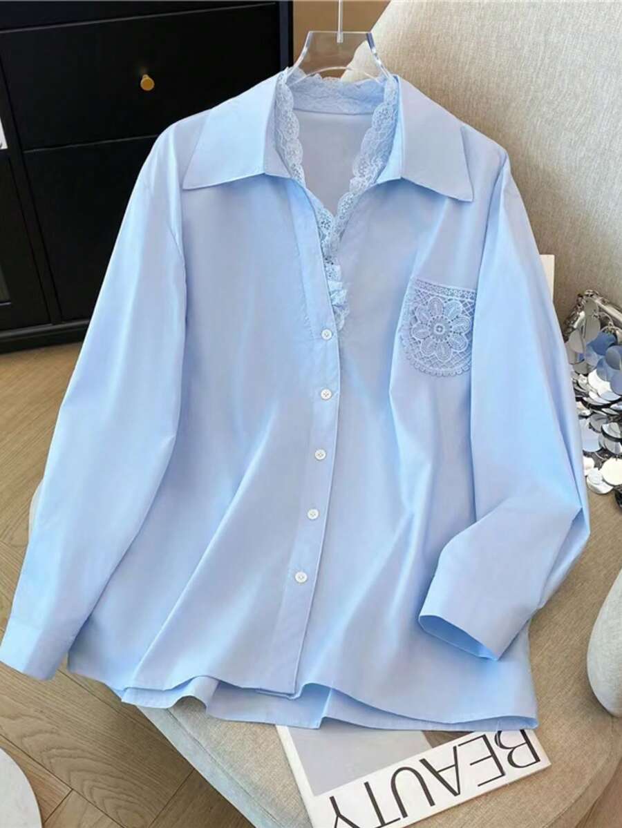 Women's Solid Color Lace Splicing 2 In 1 Blouse - Blue - View 1
