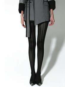 1件装女士黑色爱心条纹紧身高弹力连裤袜，时尚透视镂空设计