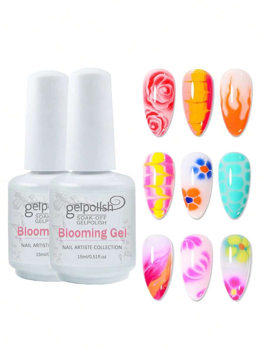 GELPOLISH 2 件装 15ml 指甲开花凝胶透明 UV LED 开花凝胶抛光剂,可扩散效果大理石天然石水彩花卉印花可浸泡指甲凝胶 DIY 美甲设计女士美甲礼物 - 無色 - 查看 1