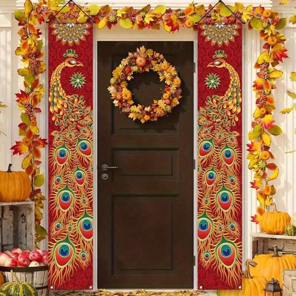 2pcs/Set Peacock Pattern Printed Porch Banner - Festive Front Porch Welcome Sign For Festival Party Decorations And Supplies Gifts Birthday Graduation