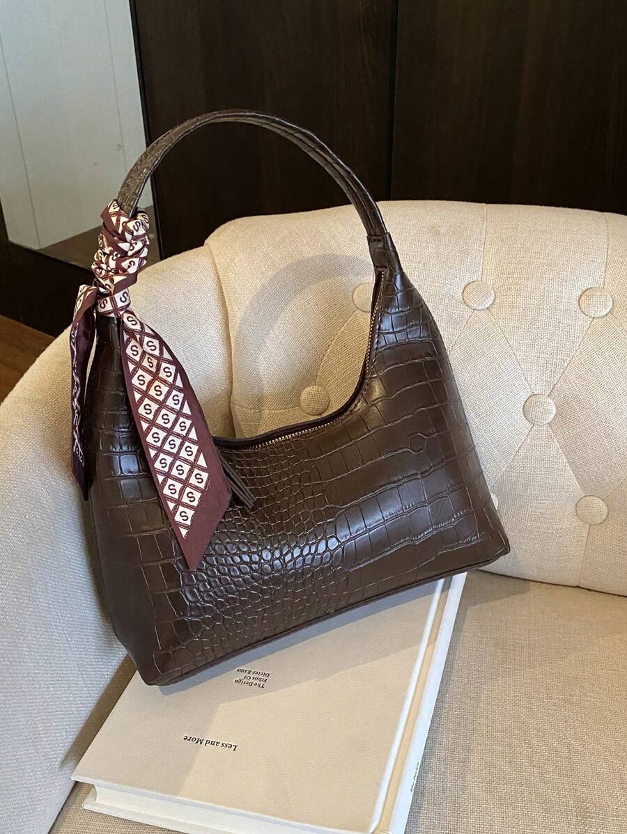 Fashionable Versatile Crocodile Embossed Minimalist Shoulder/Underarm Bag With Free Scarf - 咖啡 - 查看 1