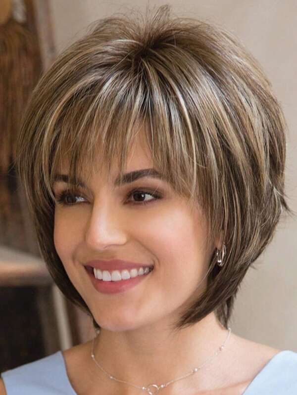 Women's Fashionable Natural Mixed Color 10 Inch Synthetic Fiber Wig With Bangs, Suitable For Daily Wear, Birthday, Wedding, Cosplay, Festival, Halloween Costume Party
