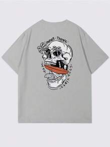 男士夏季休闲 T 恤，带字母和骷髅印花，圆领短袖 - 淺灰色 - 查看 5