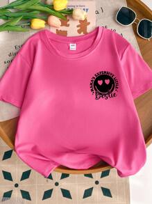 Girls Smiling Slogan Print Round Neck Short Sleeve T-Shirt, Casual Tee For Spring & Summer - Hot Pink - View 2