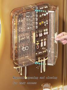 1pc Large Capacity Dustproof Jewelry Box, Jewelry Organizer Rack, Made Of High Transparent PET Material, Wallmount Earring/Necklace/Headband Storage Rack, Jewelry Display Stand, High-End Home Jewelry Storage Box, Room Decor - Multicolor - View 2