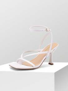 Women Kitten Heel Thong Sandals, Fashion Square Toe Ankle Strap High Heeled Sandals For Wedding Party Casual Wearing - trắng - Xem 7