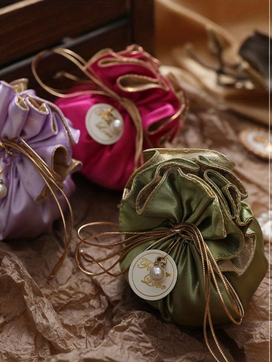 1件 & 5件裝絲綢抽繩禮品袋，婚禮伴手禮袋，糖果包裝袋，多用途禮品包裝抽繩袋，可重複使用，珠寶袋，糖果袋，派對裝飾，適用於婚禮、生日、週年紀念、喬遷派對－優雅多用途糖果袋，也適用於單身女派對及其他場合