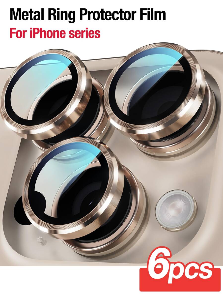 Yezodawee 6片装9H钢化玻璃摄像头镜头保护膜 - 兼容 17 Pro Max/17 Pro/17 Air/17/16 6.1英寸和16 Plus 6.7英寸，金属独立指环保护壳，高清透明，兼容 15 Pro Max、14 Plus、13、12、11、15 Pro、15 Plus、14 Pro - 完美贴合，兼容手机壳（金色） - 6pcs Gold - 查看 1
