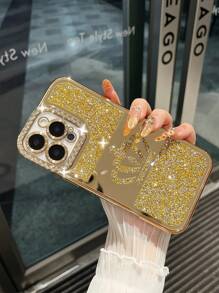 奢华闪亮水钻时尚手机壳 1 件装 双排水钻电镀激光雕刻全水晶皇冠手机壳 兼容 防水防震防摔防刮花 生日礼物 春季周年纪念礼物 - 金色 - 查看 10