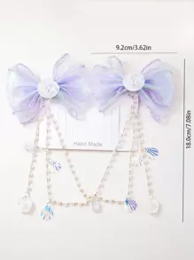 1 Pair Girls/Teens Mermaid Shell Bow Pearl Tassel Princess Cute Dance Performance Headband Hair Clips Hair Accessories - Purple - View 4