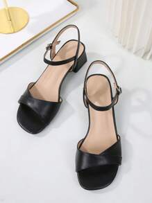 Women's Peep Toe Ankle Strap Chunky Heeled Sandals, Mid Heels French Style Sandals With Extended Sizes, Classic High Heel Outdoor Wear - Black - View 9