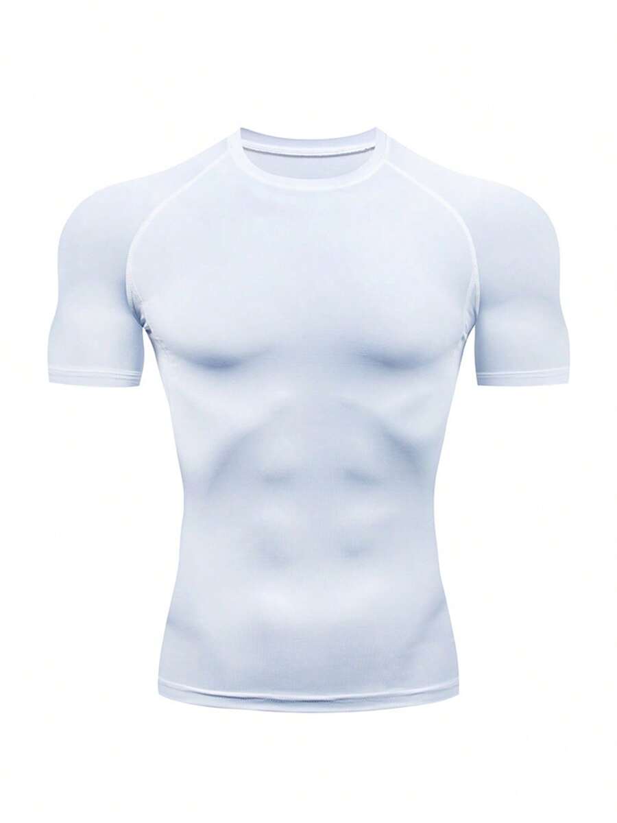 Summer White Crew Neck Short Sleeve Compression Shirt Slim Fit Quick Dry Moisture Wicking Athletic Top For Men Outdoor Sports Training World Cup Fans Cheer Wear - trắng - Xem 1