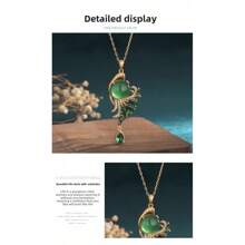Collar colgante con diseño de pavo real de jade incrustado, accesorio de estilo vintage cheongsam chino para mujeres