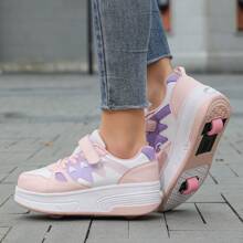 夏季青少年学生成人情侣时尚透气低帮双轮运动鞋，男女户外运动轮滑鞋 - 粉色 - 查看 6