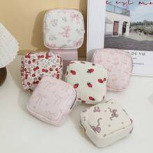 1 pieza Bolsa de cosméticos de pana, almacenamiento de productos de higiene femenina, diseño lindo y minimalista con moño, patrones de cereza y fresa, portátil y esencial para viajes - Multicolor - Ver 6