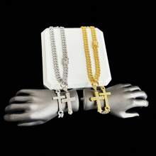 Juego de collar, pulsera, colgante de cruz y anillo con incrustaciones de cristal tipo cubana, diseño clásico de broche de barba chapado en oro, incrustación de strass de 13 mm, estilo de moda callejera de hip-hop, disponible en colores oro y platino, múltiples tallas