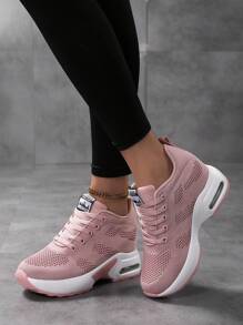 女士轻质网眼运动鞋，厚底低帮系带增高休闲鞋，女士运动鞋 - 粉色 - 查看 4