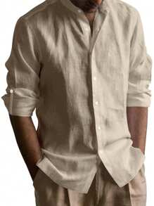 Camisa casual de hombre de cuello mao, corte slim, de lino, para primavera y otoño