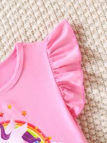 Vestito da ragazza giovane con gonna a ruffle con stampa di unicorno carino, adatto per primavera e estate