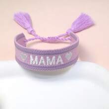 1pc Embroidered "MAMA" Heart Boho Tassel Braided Bracelet - Purple - View 4