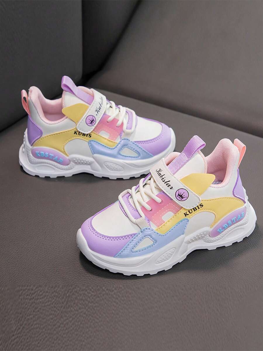 1 par de zapatillas informales con diseño de bloques de color en PU para niñas, sencillas y de moda, zapatos suaves y cómodos adecuados para niñas pequeñas, apropiados para uso diario, escuela, deporte, todas las estaciones - Morado - Ver 1