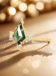 1pc Luxury Green Cubic Zirconia Ring, Unique Promise Finger Rings For Women, Suitable For Wedding Engagement Party Daily Wear, Jewelry Gift For Birthday Anniversary Valentine's Day Mother Day,Mom,Mother,Mother's Day,Gift
