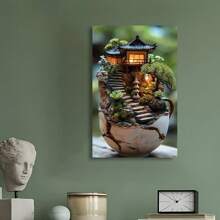 Framed  Miniature Japanese Garden Tea Cup Diorama Canvas, Illuminated Pagoda& Stairs Poster - 裱框 - 查看 3