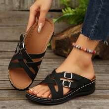 Vacation-Ready Wedge Sandals For Women - Adjustable Cross-Strap And Thick Sole - Black - View 3