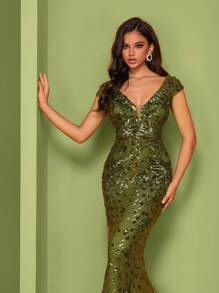 BluePlum Summer High Quality Elastic Sequin V-Neck Cap Sleeves With Fishtail Hem Design, Featuring A Solid Color Elegant And Luxurious Long Dress For Women,Making Women Younger And More Charming,Suitable For Various Parties, Graduations, Weddings, Events And Various Banquets And Dancing Parties,Formal Ball Gown For Women, (Deluxe Edition) Party Dress Wedding Guest Dress Evening Dress - Olive Green - View 4