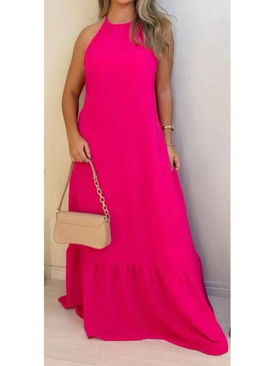 Women's Halter Backless Dress With Padded Cup H-6 - Rosa Fucsia - Ver 1
