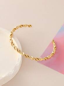 1pc Unisex Bangle, 304 Stainless Steel Metal Gloss Gold-Plated Wrapped Bracelet, Suitable For Daily Wear - Thin - View 4