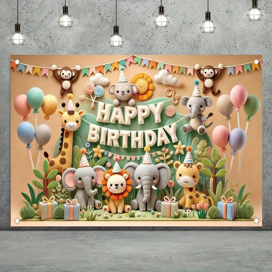 1pc Polyester Tropical Jungle Animals Happy Birthday Banner - Outdoor & Indoor Party Decoration, Forest Animal Themed Party, No Electricity Needed, Multi-Functional For Garden Decoration Birthday Decorations Wedding Decor Flag Gifts Graduation