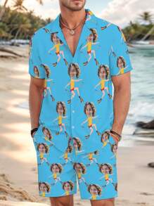Conjunto de pijama personalizado para hombres, nueva temporada de primavera, con camisa de cuello de botón y pantalón corto, juego de ropa de dormir con estampado personalizado, cómodo y casual, 2 piezas, ropa de estar en casa