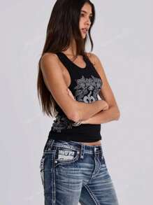 Dames ronde hals casual Y2K strass print mode tanktop