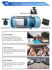 Cámara de salpicadero para automóvil con pantalla de 4 pulgadas, grabador de video Full HD de 3 canales para la parte delantera, cabina y trasera, con visión nocturna, WDR, sensor G, detección de movimiento, incluye cámara de visión trasera de respaldo - Negro - Ver 4