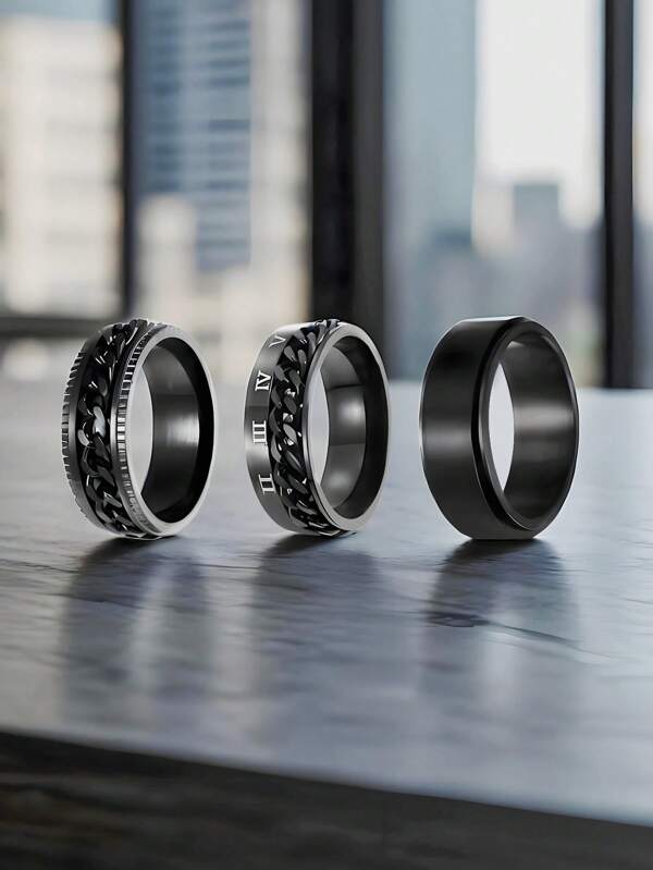 Set de 3 anillos giratorios de estilo vintage, diseño de cadena de acero inoxidable sin chapado para boda, compromiso y promesa, para alivio del estrés y la ansiedad