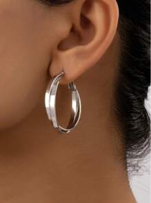 1 Pair Metallic Texture Hoop Earrings, Suitable For Daily Wear - Silver - View 1