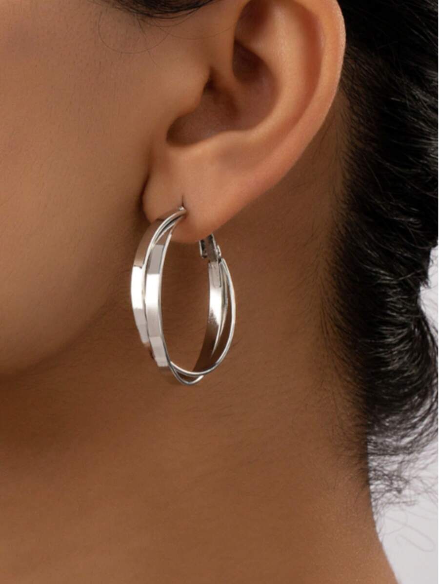 1 Pair Metallic Texture Hoop Earrings, Suitable For Daily Wear - Silver - View 1