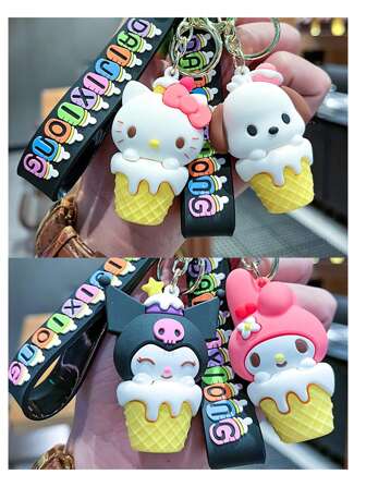 Sanrio 1pc Ice Cream Cone Shaped Keychain, Featuring Sanrio Characters Such As Kuromi, Pompompurin, My Melody, & Kitty, Novelty Gift