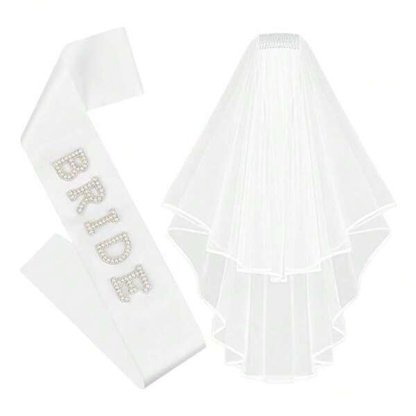 Écharpe de mariée "Bride to Be", voile de mariée blanc pour mariage, 2 pièces écharpe de satin de perle de mariée, voile de enterrement de vie de jeune fille, décorations de fête, voile de douche de mariée avec peigne, cadeaux de fiançailles