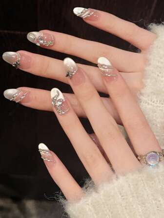 YADORNOS 10pcs Pink Cat Eye French 3D Butterfly Snake Diamond Handmade Nails Acrylic Press On Nails Spring Summer Sweet Cute Girl Chain Rhinestone Decoration Medium Long Oval/Short Coffin Fake Nails Full Cover Nail Tips With Jelly Glue And Nail File, DIY Nail Art Supplies