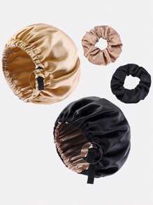 4pcs Plus Size Women's Adjustable Double Layer Satin Sleep Cap, Beauty Care Shower Cap, Suitable For Daily Use - Multicolor - View 2