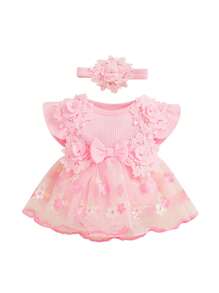 Newborn Baby Girl 1st Birthday Outfit Floral Lace Tulle Romper Tutu Dress Cake Smash Princess Boho Clothes Photo Shoot - 粉色 - 查看 7