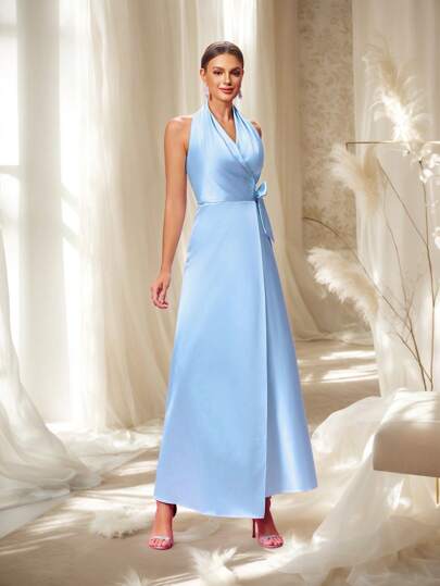 MOEVIO Women's Elegant Halter Backless Satin Wrap Bodycon Split Thigh Formal Evening Long Bridesmaid Wedding Guest Dress With Knot Tie Closure For Spring Summer Graduation Homecoming Gown