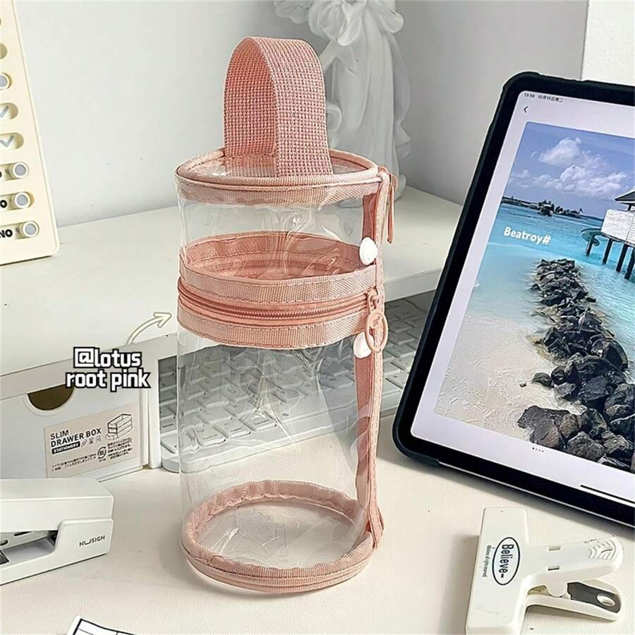 Estuche para lápices de PVC, organizador de escritorio transparente y resistente al agua, de gran capacidad, con ventana de malla y diseño de doble cremallera, para estudiantes y suministros de oficina