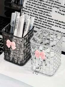 1pc Clear Acrylic Desk Organizer With Bow Accent - PMMA Pen Holder And Storage Basket For Office Supplies, Pens, And Accessories
